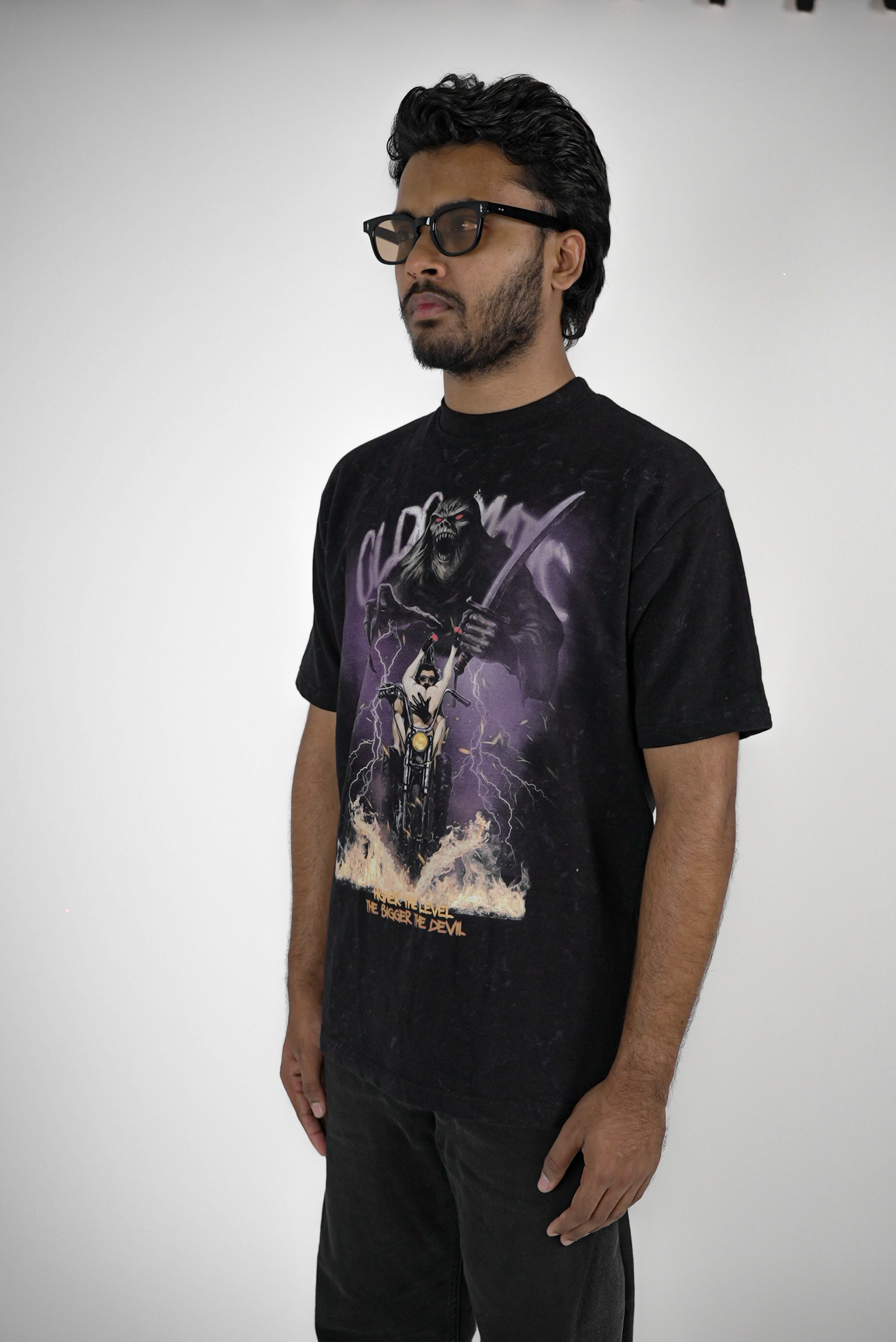 Throttle to Hell By JOURNEY In Acid-wash Black — Oversized Unisex T-Shirt | 100% Pure Cotton, 220 GSM