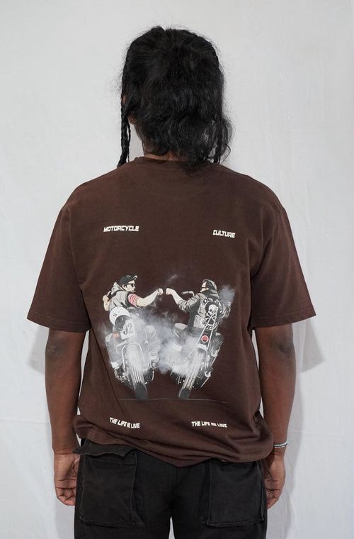 Biker Bros By JOURNEY In Brown — Oversized Unisex T-Shirt | 100% Pure Cotton, 220 GSM