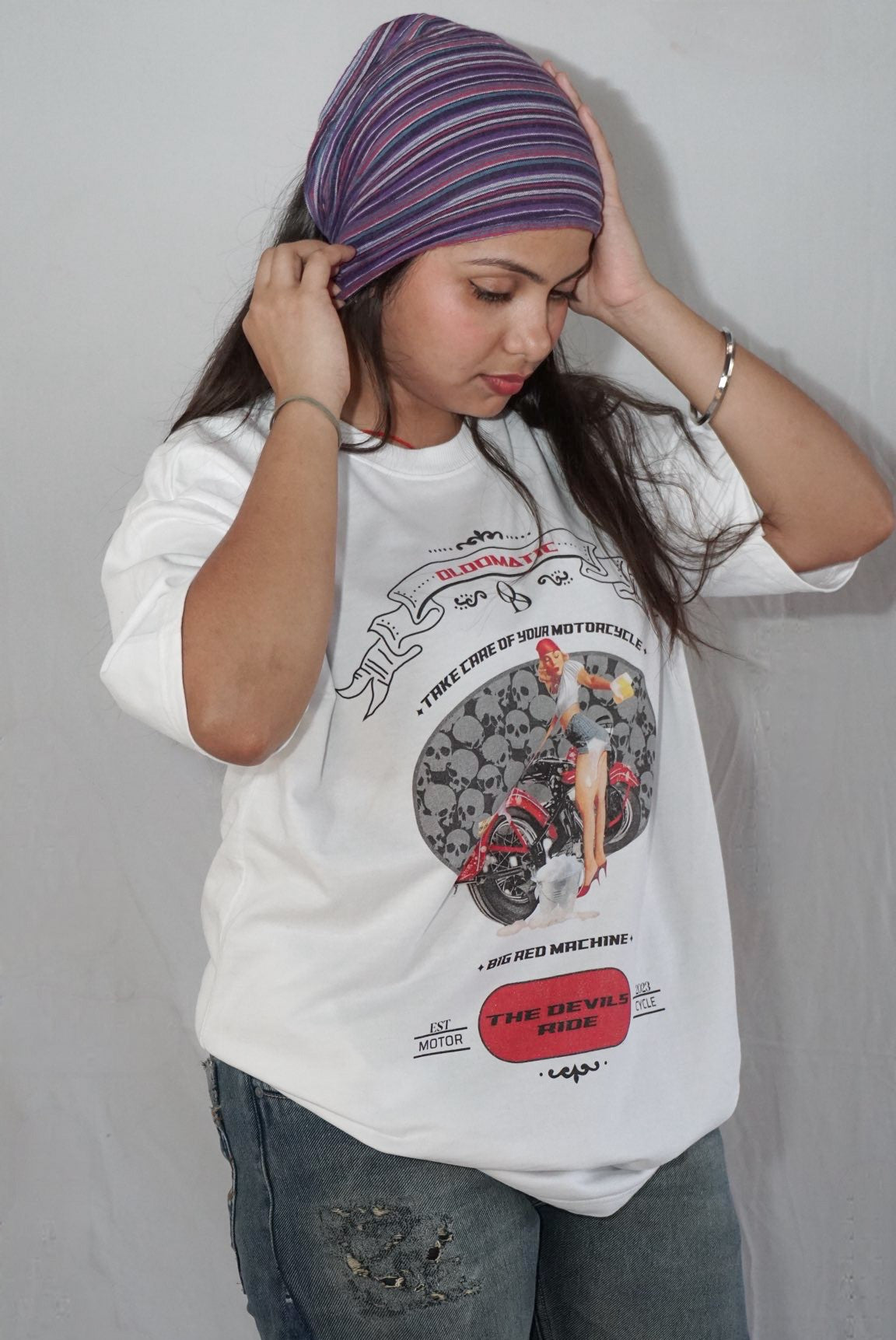 Hellride Muse By JOURNEY In White  — Oversized Unisex T-Shirt | 100% Pure Cotton, 220 GSM
