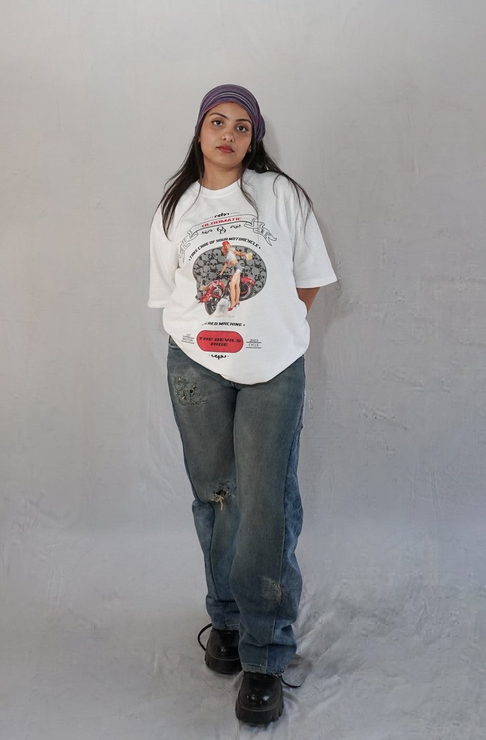 Hellride Muse By JOURNEY In White  — Oversized Unisex T-Shirt | 100% Pure Cotton, 220 GSM