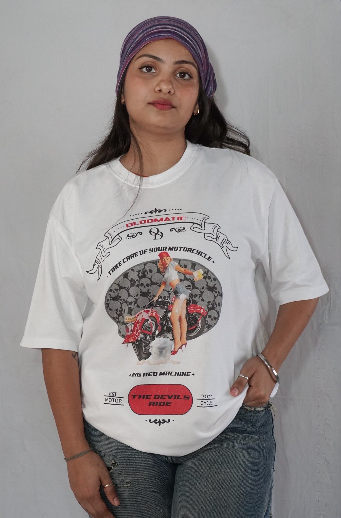Hellride Muse By JOURNEY In White  — Oversized Unisex T-Shirt | 100% Pure Cotton, 220 GSM